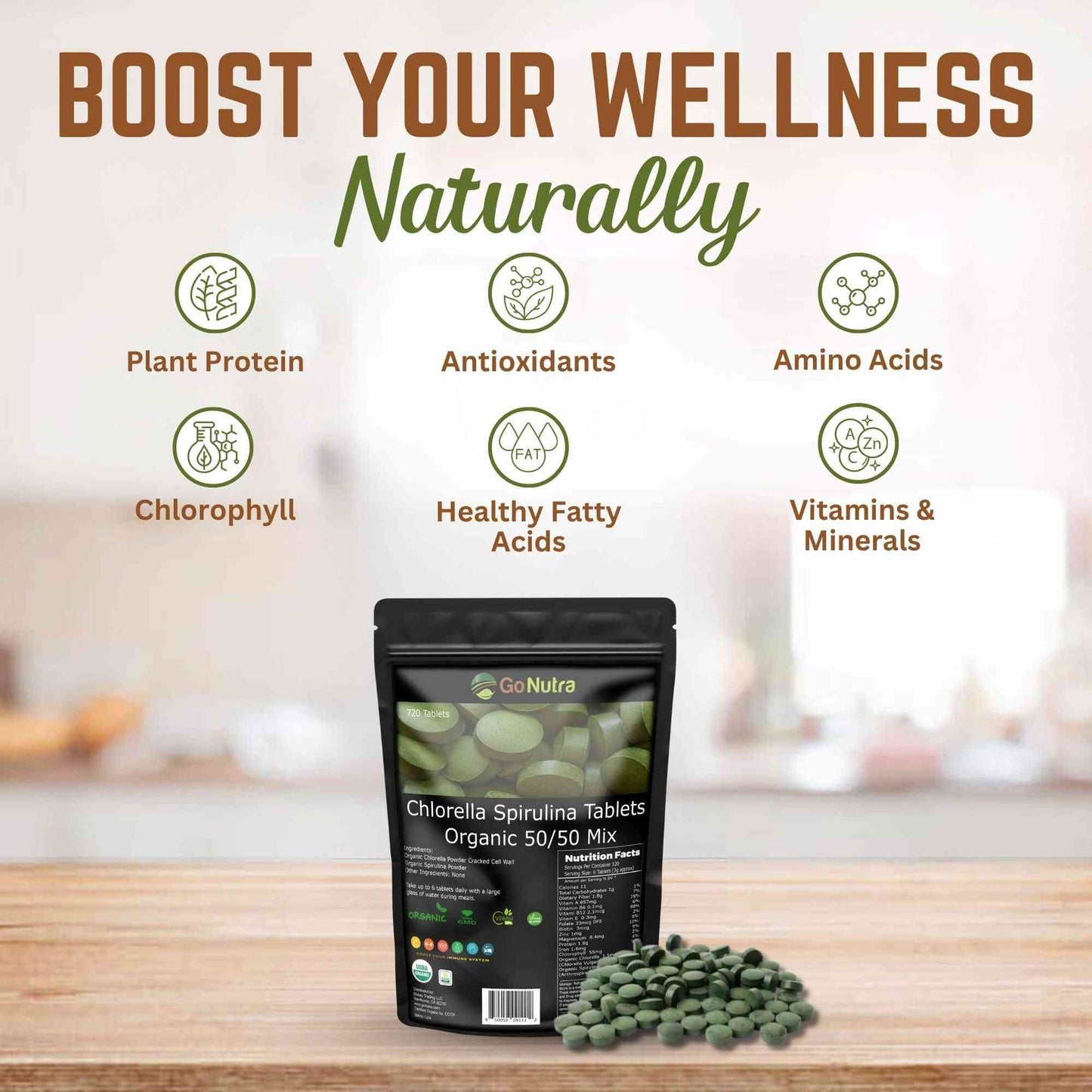 Organic Chlorella & Spirulina Tablets, 50/50 Blend, 500mg Each, 720 Count, 4 months supply Health & Beauty:Vitamins & Dietary Supplements:Herbs & Botanicals Go Nutra Go Nutra 600 Organic Chlorella & Spirulina Tablets, 50% Each for Detoxing, Energy, Immune Support & Guts. 720g, 240 Serv., Phytonutrients, Protein, Vegan Superfood, Non-GMO, Gluten-Free. 50/50 Superfood Tablets 1250 mg