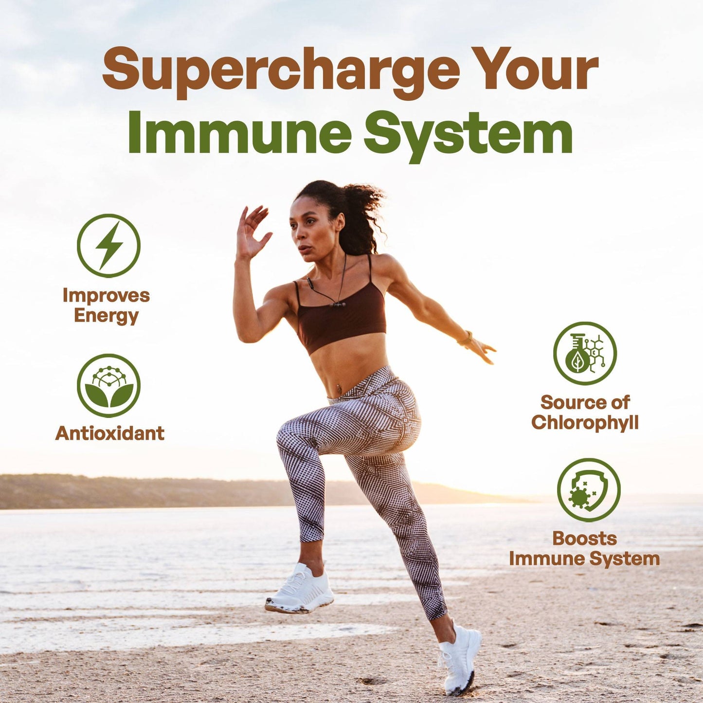 a woman is running on the beach with the words supercharge your immun