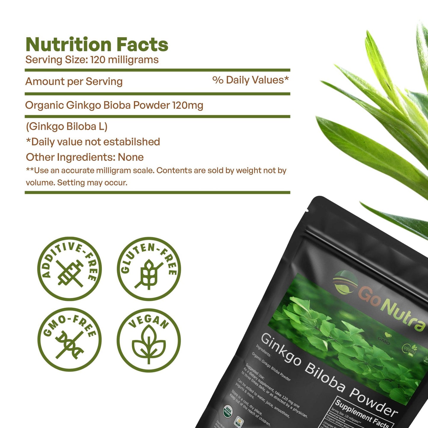 Ginkgo Biloba Leaf Extract Powder 8oz Herbs & Botanicals Go Nutra Go Nutra Organic Ginkgo Biloba Leaf Extract Powder | Pure Ginkgo Biloba