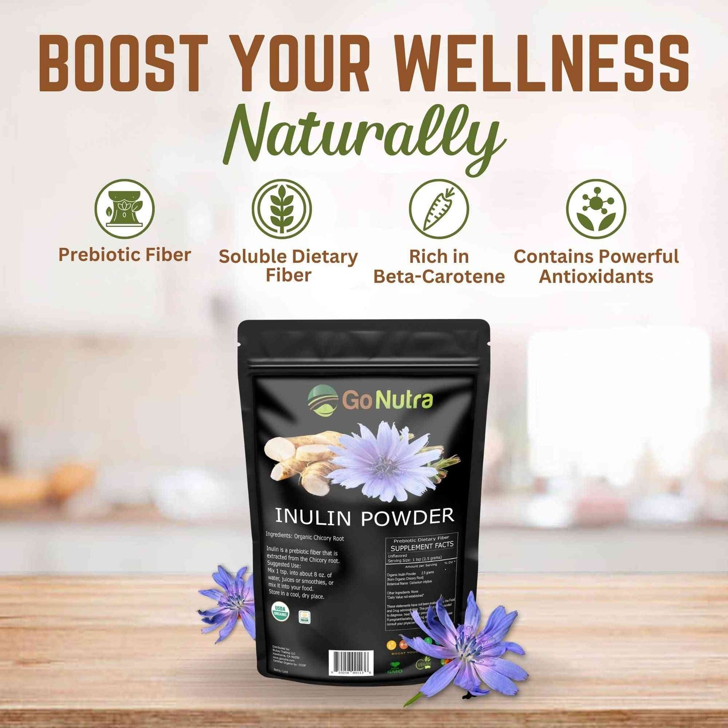Inulin Powder Organic Chicory Root (FOS) - Soluble Inulin Fiber Prebiotic |  8oz. Health & Beauty:Vitamins & Dietary Supplements:Herbs & Botanicals Go Nutra Go Nutra Organic Inulin Powder - Chicory Root -8 oz | Dietary Supplement