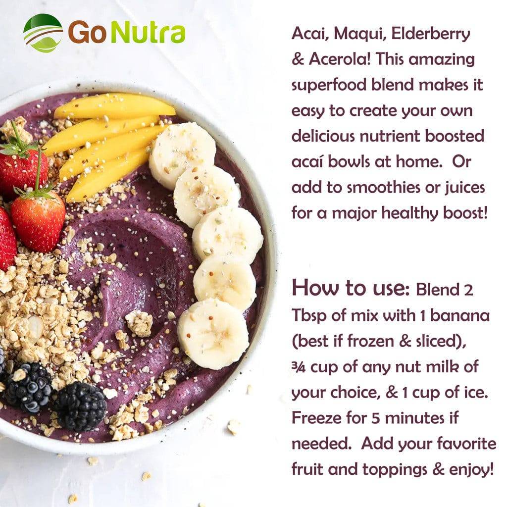 Acai Berry Blend for Bowls | Organic Superfood Smoothie Mix with Acai Maqui Elderberry Acerola 1lb. Herbs & Botanicals Go Nutra Go Nutra Organic Superfood Smoothie Mix | Healthy Supercharged Acai Blend