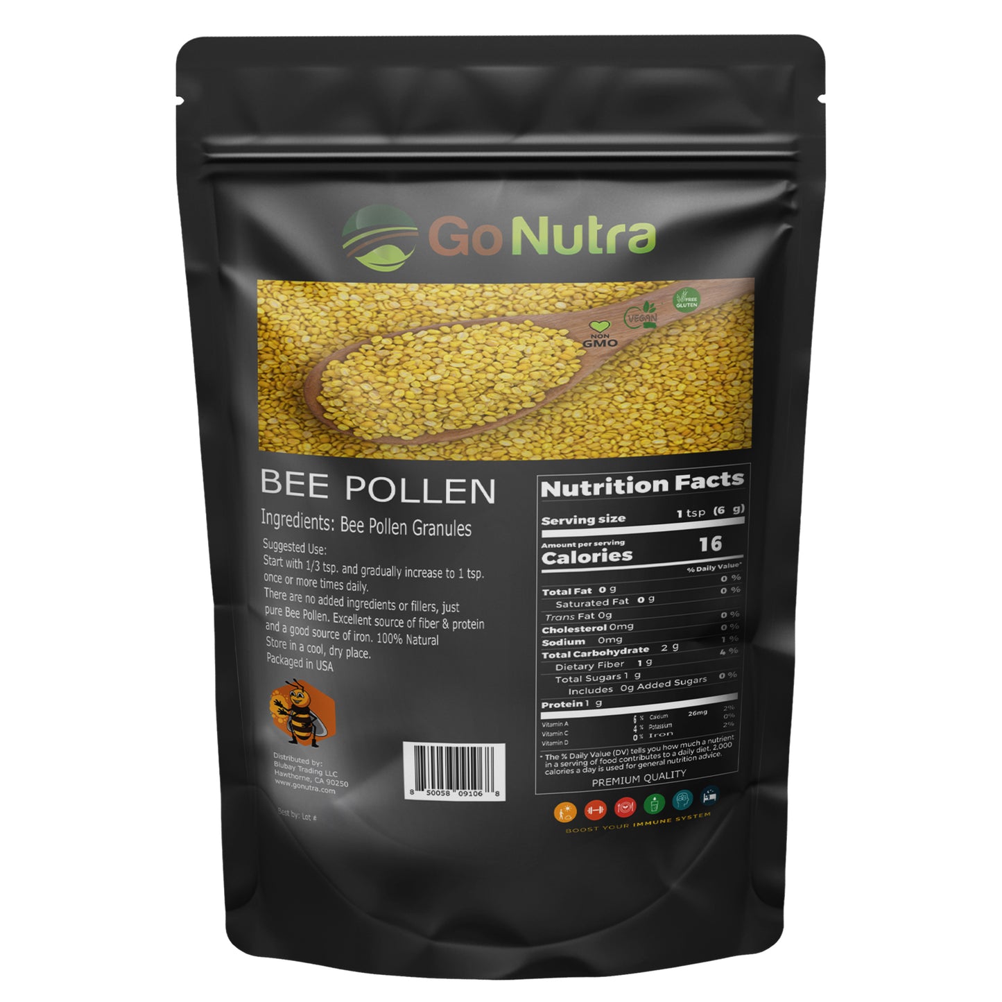a bag of bee pollen on a white background