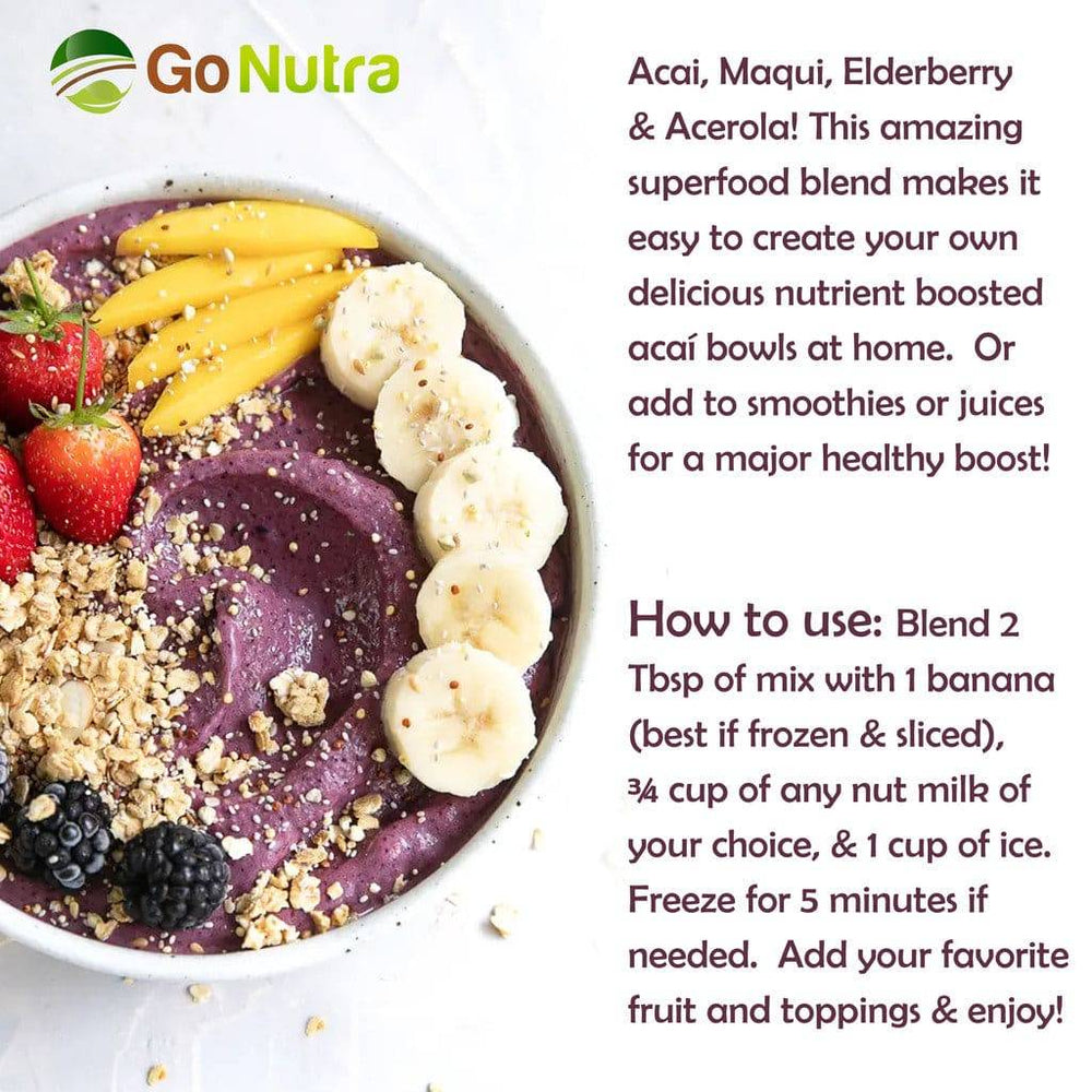 
                  
                    Acai Berry Blend for Bowls | Organic Superfood Smoothie Mix with Acai Maqui Elderberry Acerola 8oz. Herbs & Botanicals Go Nutra Go Nutra Acai Berry Superfood Blend with Acai Elderberry Acerola
                  
                